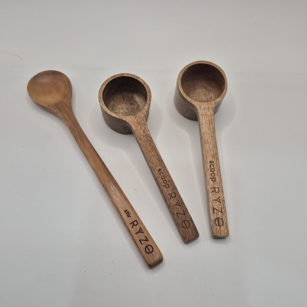 1 RYZE Brand Handmade Wooden Acacia Spoon & 2 Scoops GENUINE Mushroom Read